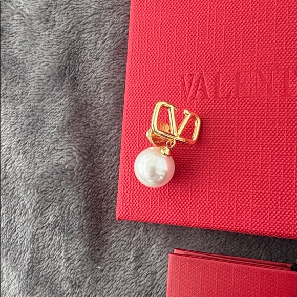 Gold and Red Earrings with Pearl Accent - Picture 2 of 4